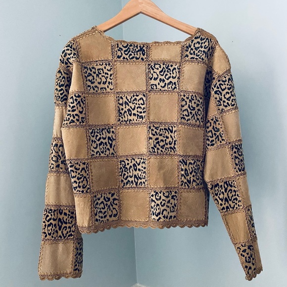 Vtg Boho Leather Shacket Jacket Crochet Patchwork Scalloped Hem Tan Leopard Sz M - Picture 3 of 13